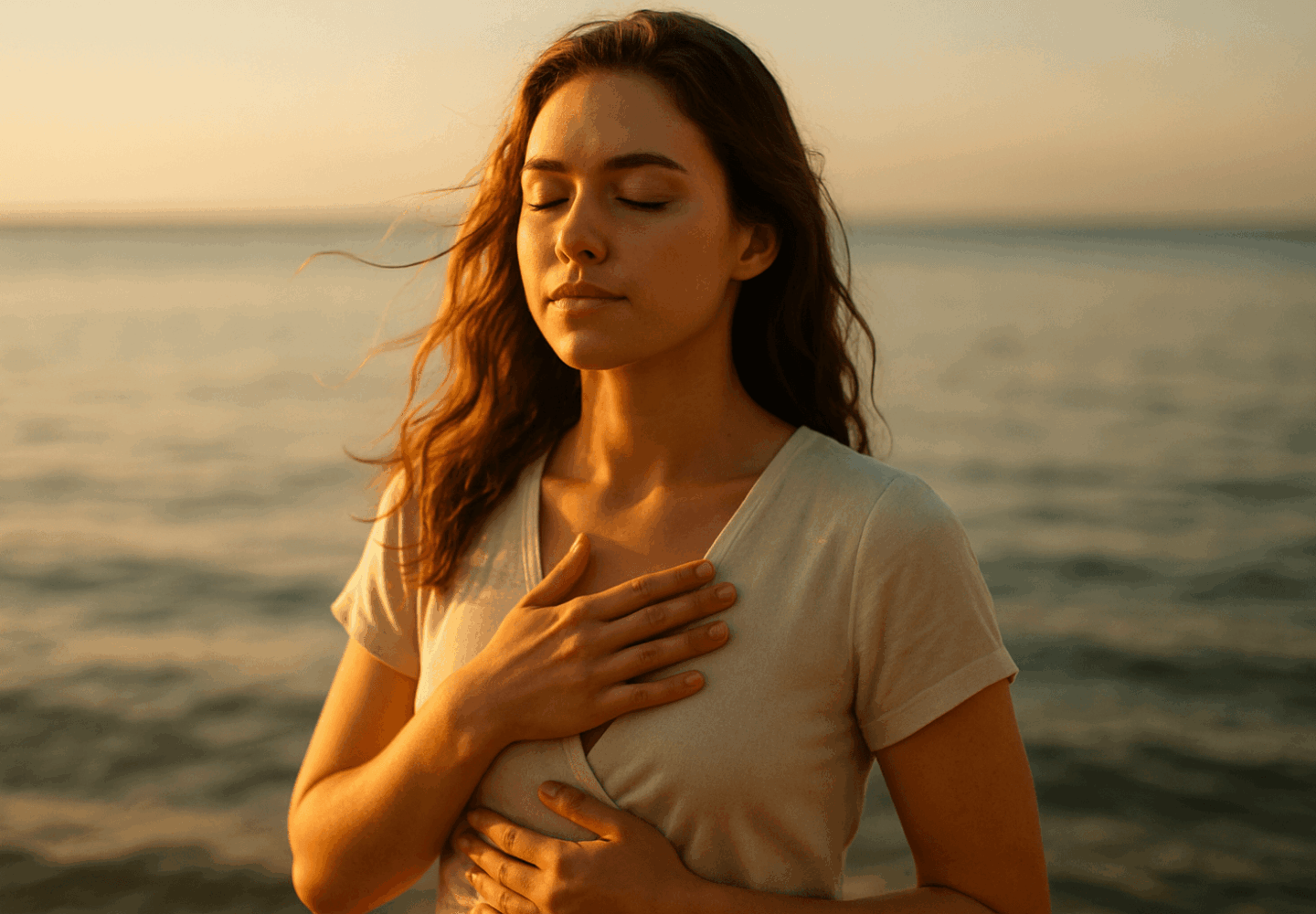 Mujer practicando meditación con la mano en el pecho al atardecer frente al mar.