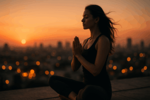 Mujer meditando en afirmaciones para el equilibrio interior al atardecer en posición de yoga con las manos en oración.